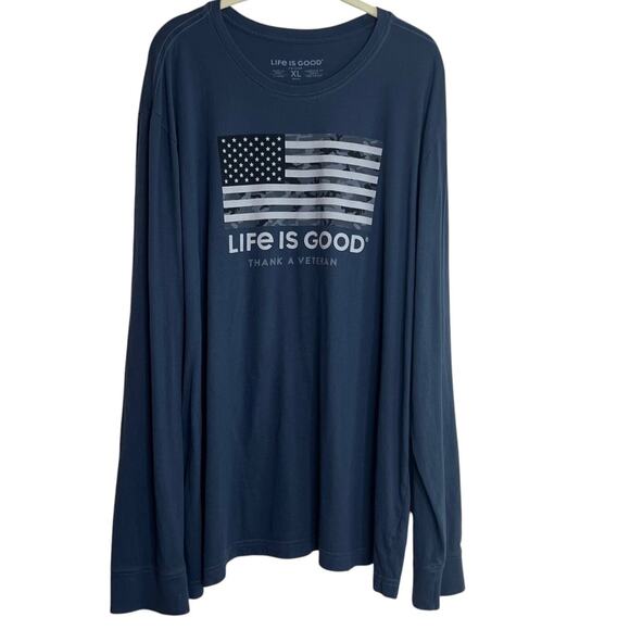 Life is Good Mens Long Sleeve Crusher Tee Size XL Blue Thank a Veteran US Flag - Picture 1 of 5